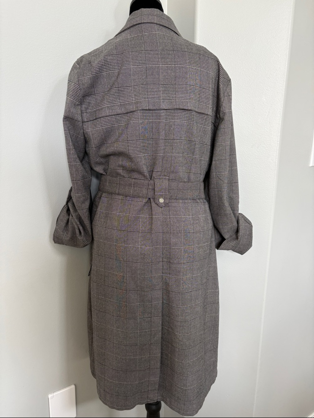 Black Tape_ Gray Plaid Trench Coat with Belt - Picture 3 of 7